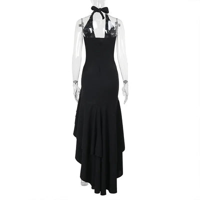 Women’s Evening Gown – Satin Fabric – Fitted Silhouette – Halter Neck – Floor Length Ruffle