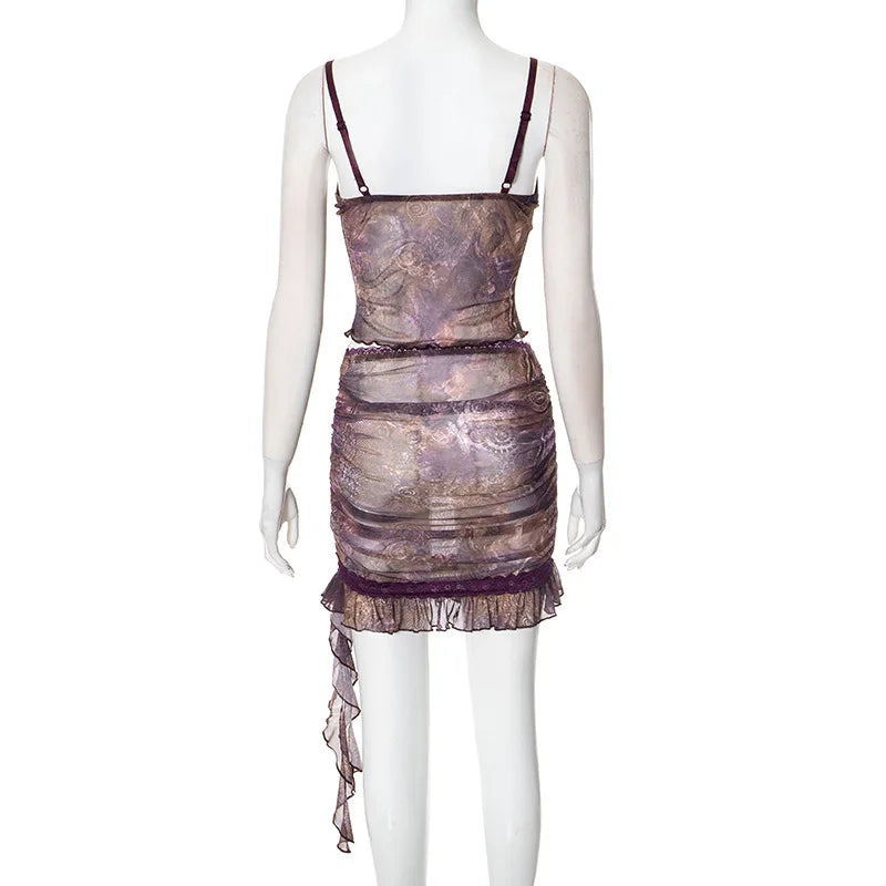 Women’s Two-Piece Set – V-Neck Crop Top – Sheer Fabric – Ruffle Mini Skirt