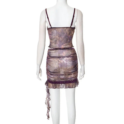 Women’s Two-Piece Set – V-Neck Crop Top – Sheer Fabric – Ruffle Mini Skirt