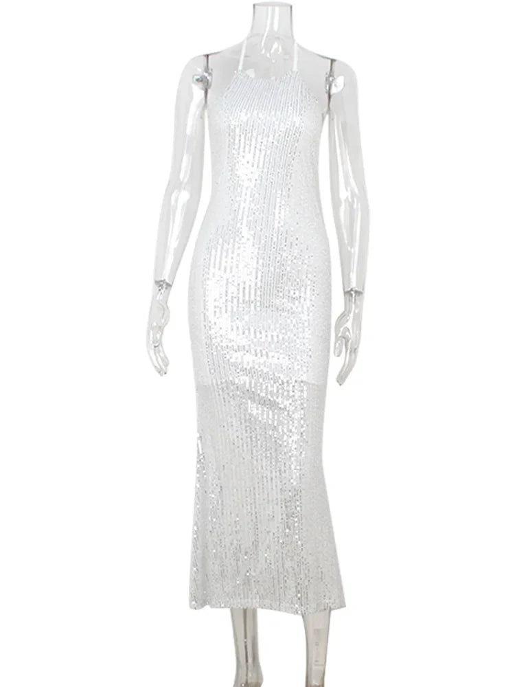 Women’s Evening Gown – Sequin Sheath – High Neck – Sleeveless Full-Length Dress