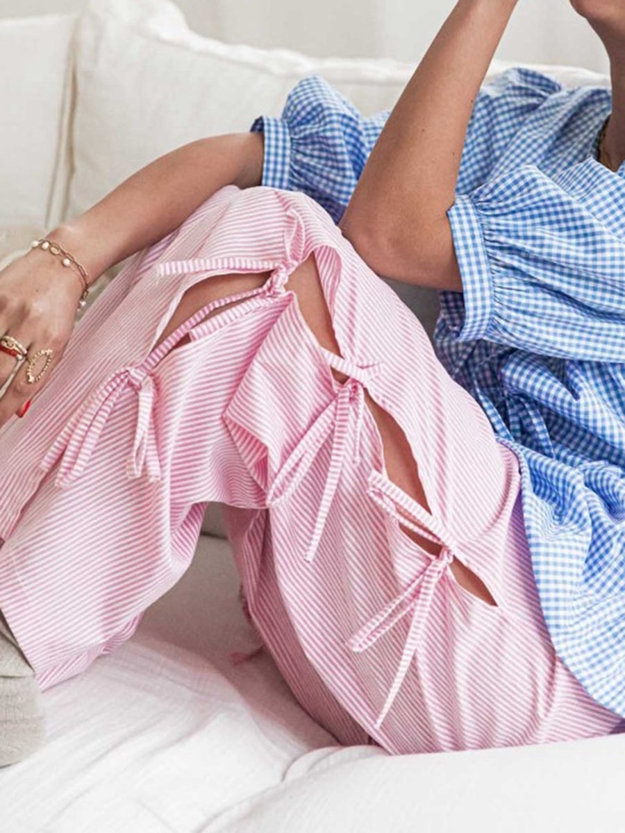 Women’s Wide Leg Trousers – 100% Cotton – Relaxed Fit – Checkered – Side Tie Waist