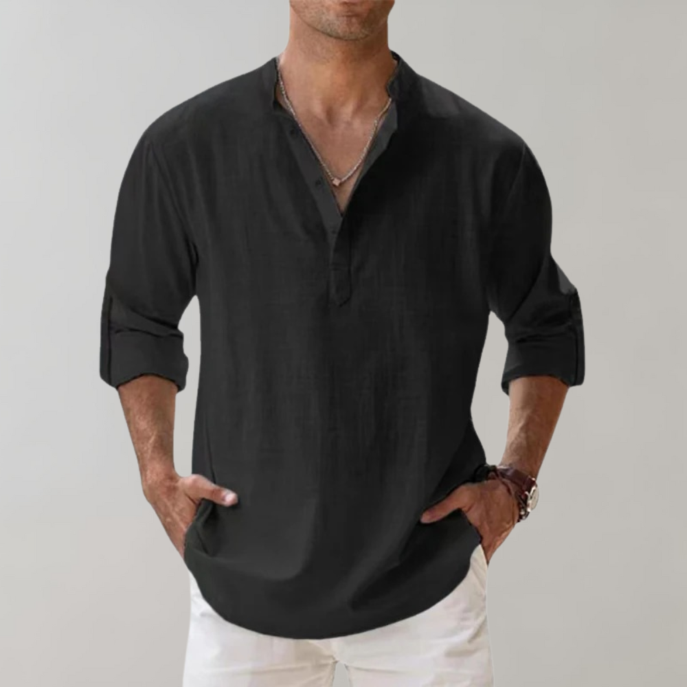 Avencea - Men's Summer Shirt with Long Sleeves and V-Neck