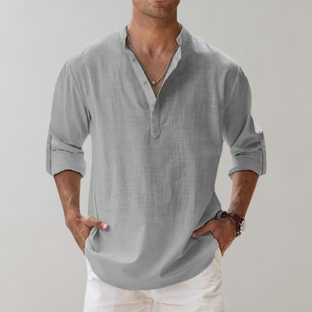 Avencea - Men's Summer Shirt with Long Sleeves and V-Neck