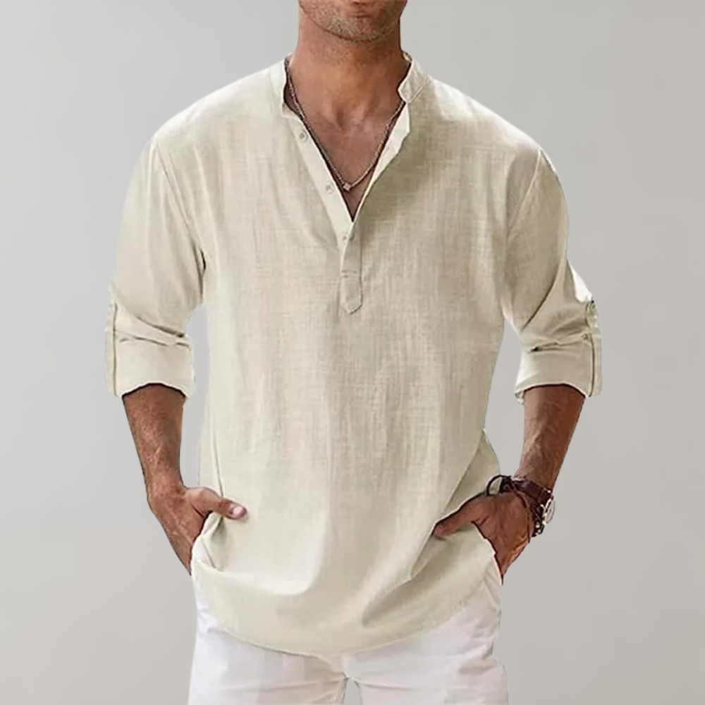 Avencea - Men's Summer Shirt with Long Sleeves and V-Neck