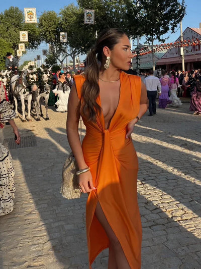 Serenya -  Fashionable Sleeveless Satin Pleated Dress