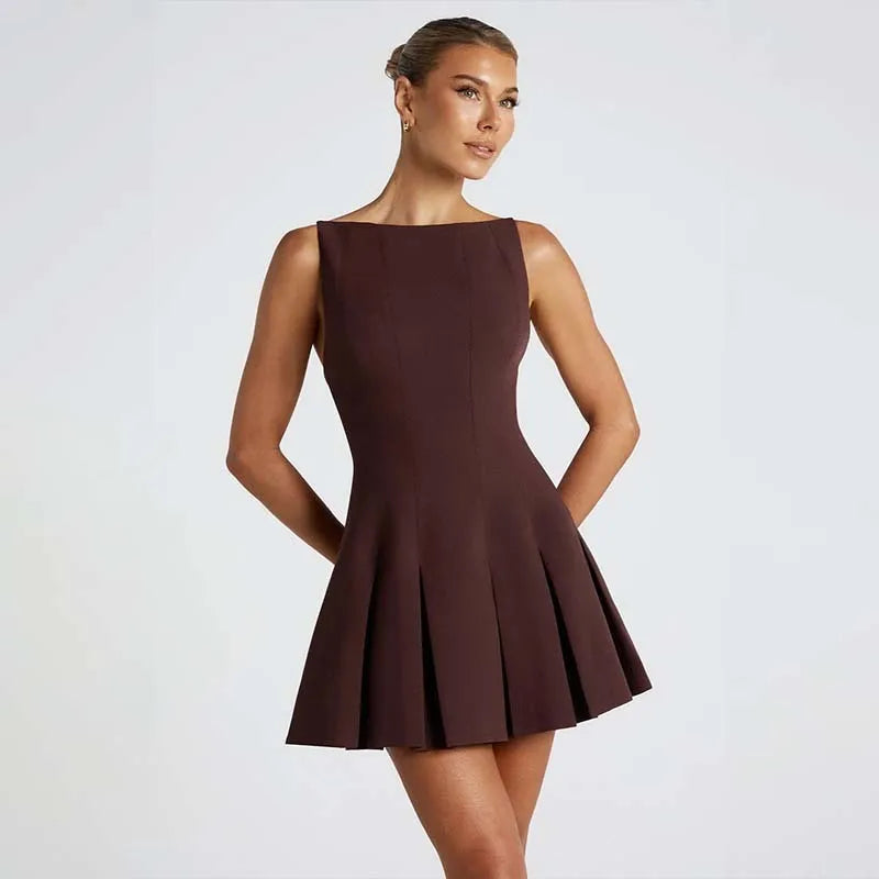 Women’s Mini Dress – High Neck Sleeveless – Fitted Bodice Pleated A-Line Skirt