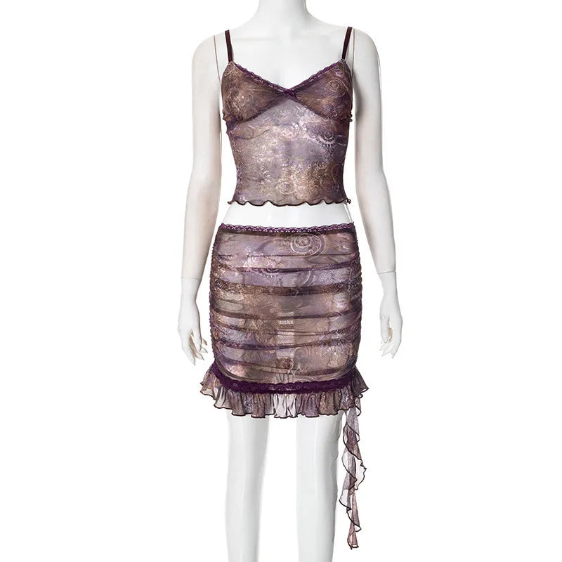 Women’s Two-Piece Set – V-Neck Crop Top – Sheer Fabric – Ruffle Mini Skirt