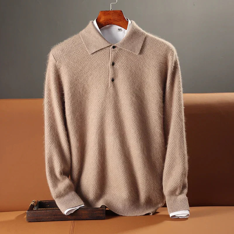 Men’s Polo Sweater – Wool Knit – Relaxed Fit – Long Sleeve – Ribbed Trim