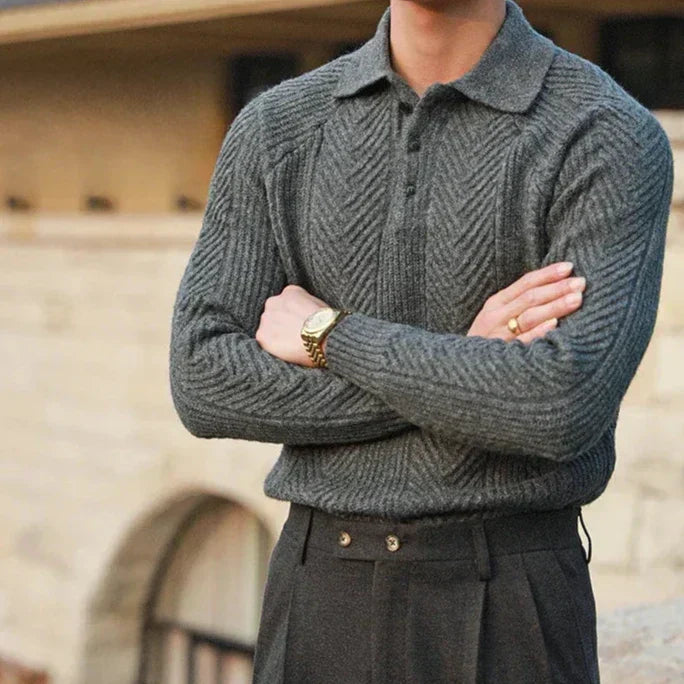 Men’s Knitted Sweater – Slim Fit – Wool Blend – Cable Knit – Polo Collar – Long Sleeve