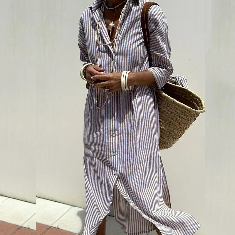 Women’s Shirt Dress – Cotton Blend – Loose Fit – Button Down – Striped – Mid-Calf Length