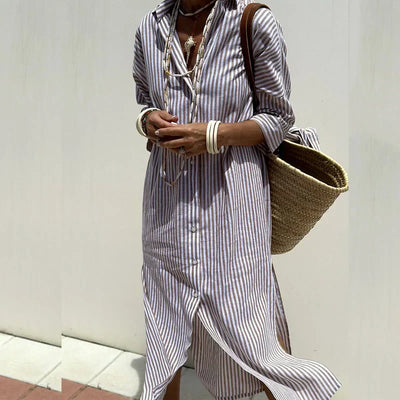 Women’s Shirt Dress – Cotton Blend – Loose Fit – Button Down – Striped – Mid-Calf Length
