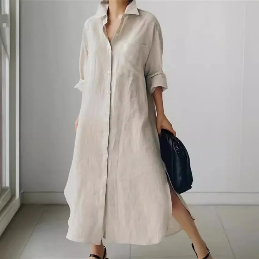 Women’s Shirt Dress – Linen Blend – Relaxed Fit – Midi Length – Button Down – Side Slits