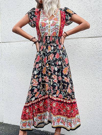 Women’s Midi Dress – A-Line Fit – Cotton Blend – Floral Print – Button Front – Puff Sleeve