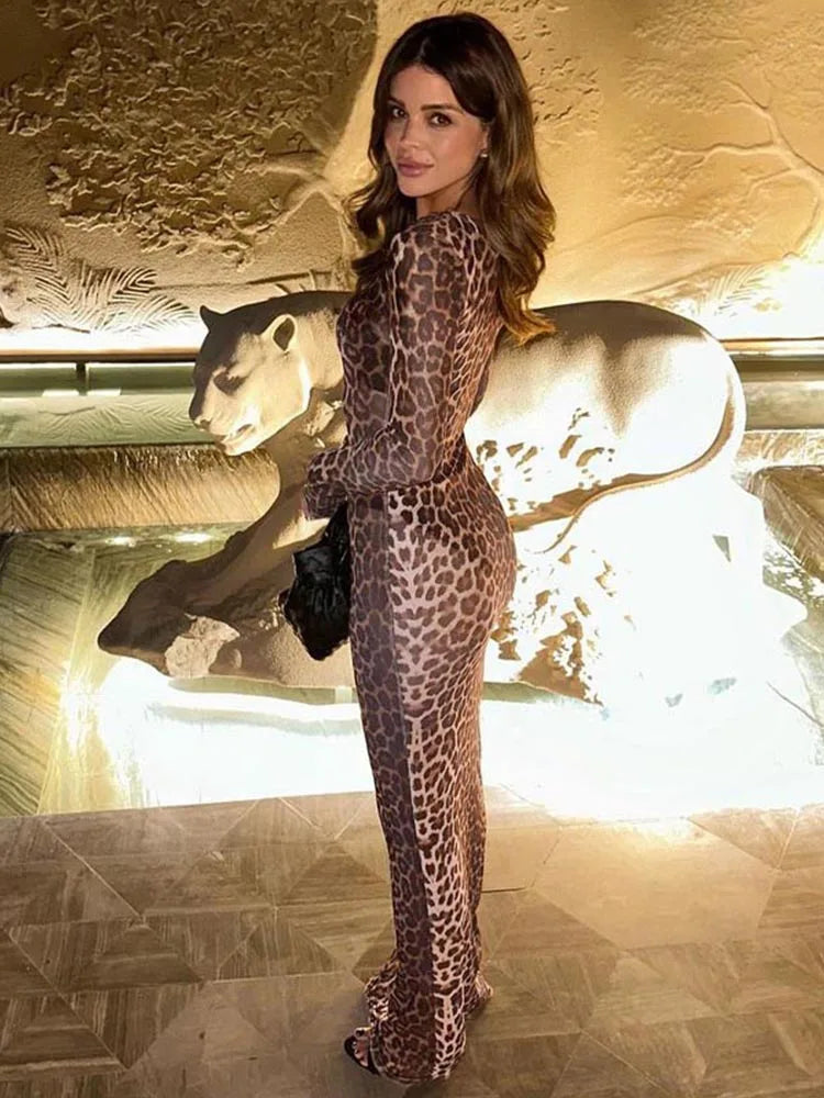 Women’s Jumpsuit – Slim Fit Sheer Fabric – Leopard Print – Long Sleeve Full Length