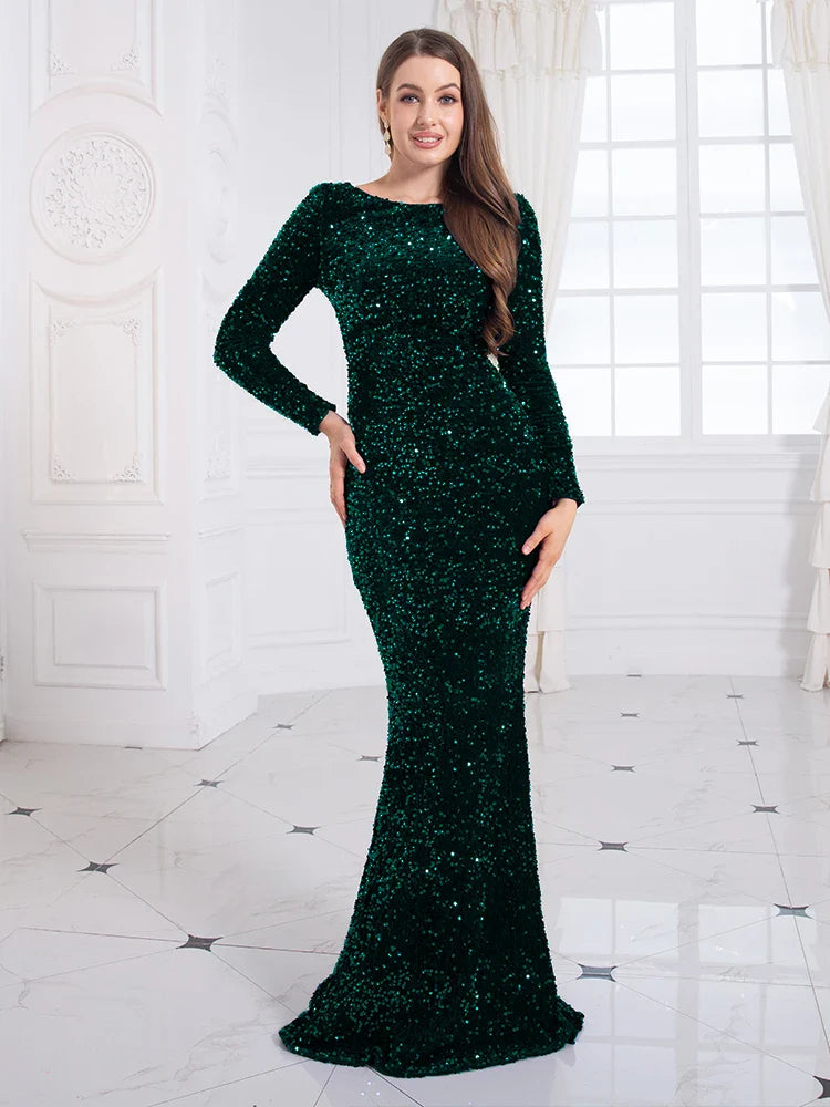 Women’s Evening Gown – Sequin Mermaid Fit – Long Sleeve – Boat Neck – Floor Length