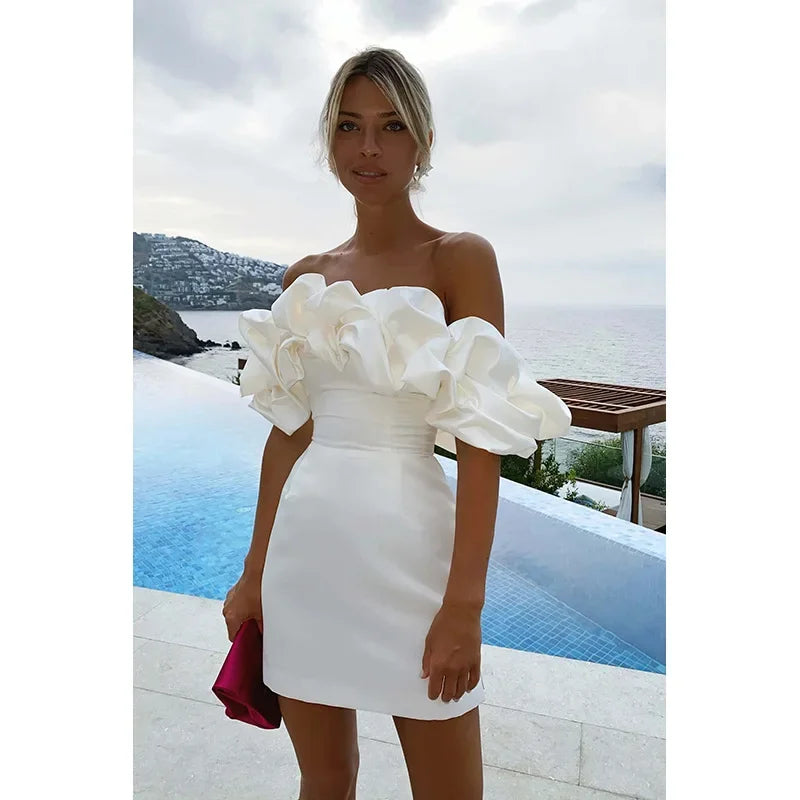 Women’s Mini Dress – Satin Fabric – Tailored Fit – Off-Shoulder Ruffle Sleeves