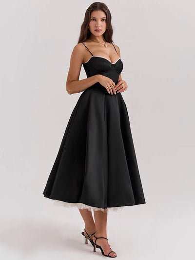Women’s Midi Dress – Satin A-Line – Sweetheart Neckline – Tulle Hem – Spaghetti Straps