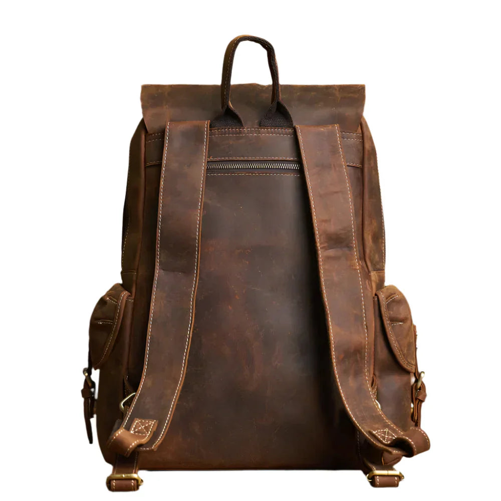 Rugged Genuine Leather Travel Backpack - Brown Large Capacity Daypack
