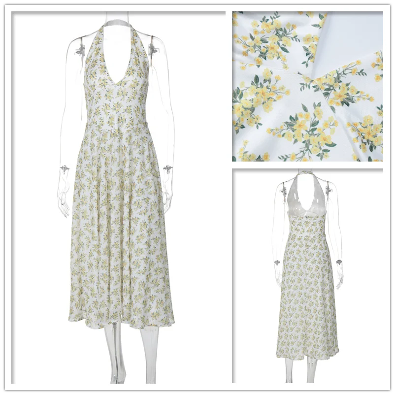 Women’s Midi Dress – Halter Neck – A-Line Fit – Floral Print – Cinched Waist – Flowy Fabric