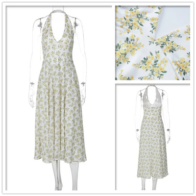 Women’s Midi Dress – Halter Neck – A-Line Fit – Floral Print – Cinched Waist – Flowy Fabric