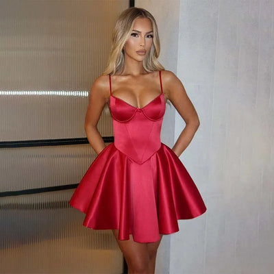Women’s Mini Dress – Satin Corset Bodice – Spaghetti Straps – Flared A-line Skirt
