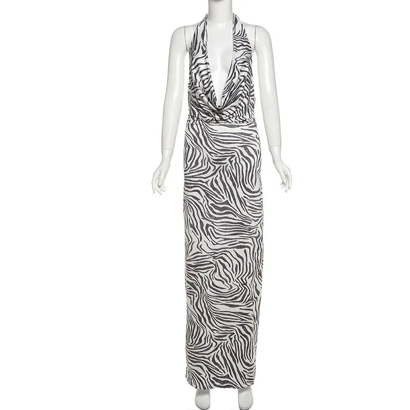 Women’s Maxi Dress – Slim Fit – Halter Neck – Plunging Neckline – Animal Print – Flowy Fabric