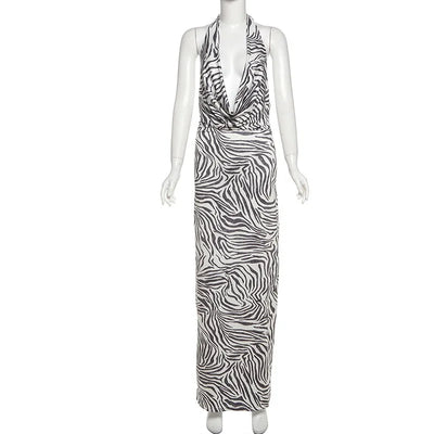 Women’s Maxi Dress – Slim Fit – Halter Neck – Plunging Neckline – Animal Print – Flowy Fabric