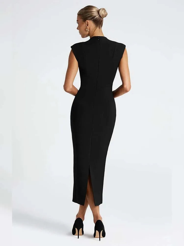 Women’s Midi Dress – Bodycon Fit – Deep V-Neck – Sleeveless – Stretch Structured Fabric