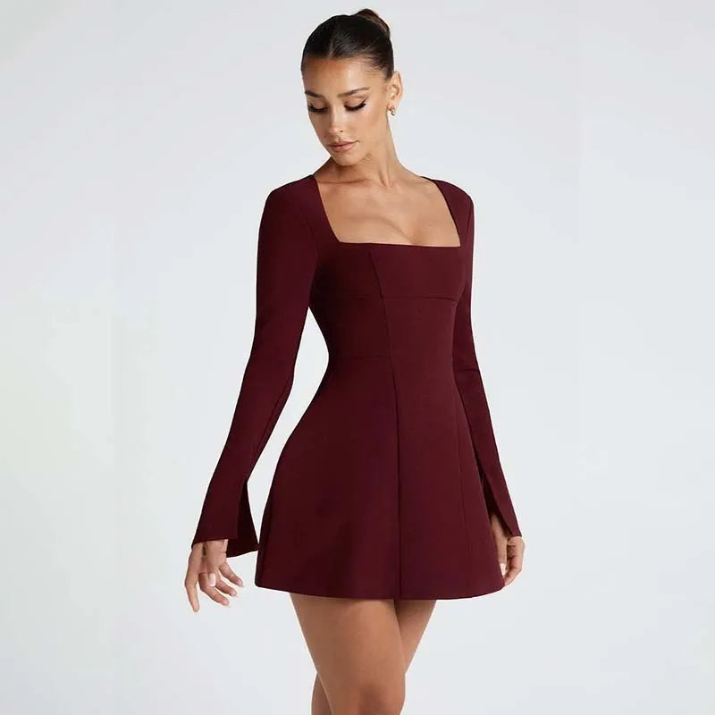 Women’s Mini Dress – Fit and Flare – Square Neck – Long Sleeve – Structured Fabric