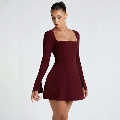 Women’s Mini Dress – Fit and Flare – Square Neck – Long Sleeve – Structured Fabric