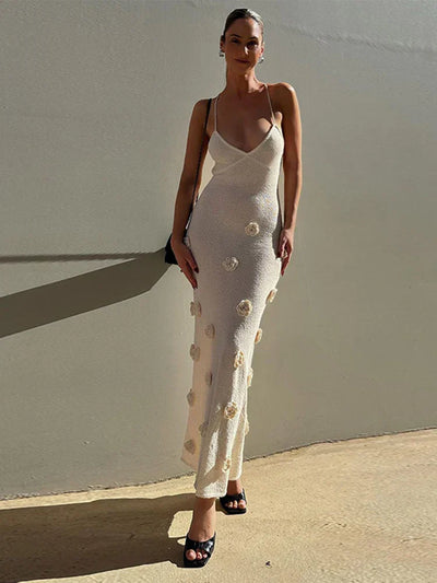 Mireille - Deep-V Neck Flower Knitted Bodycon Dress