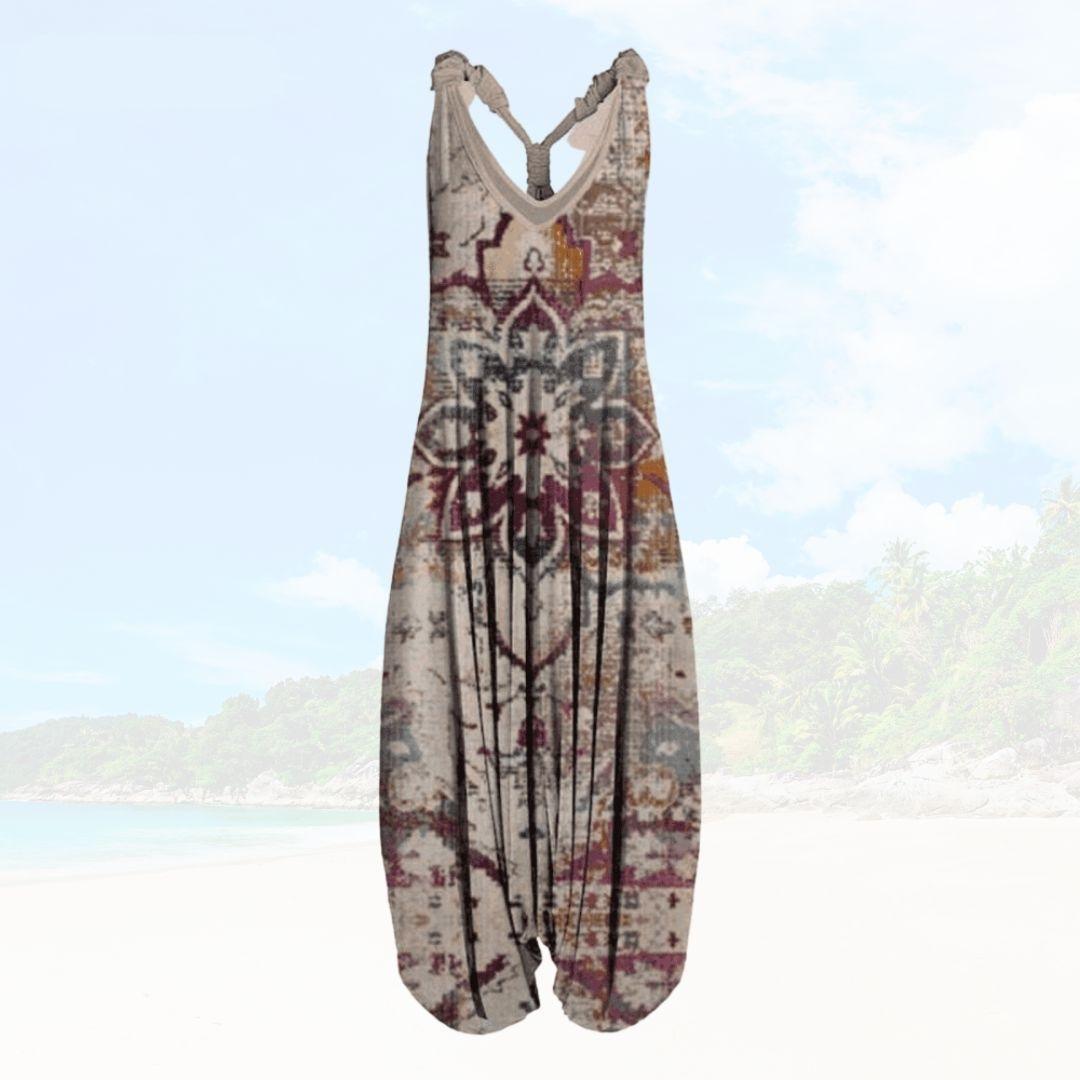 Women’s Jumpsuit – Relaxed Fit – Sleeveless V-Neck – Full Length – Printed Lightweight Fabric