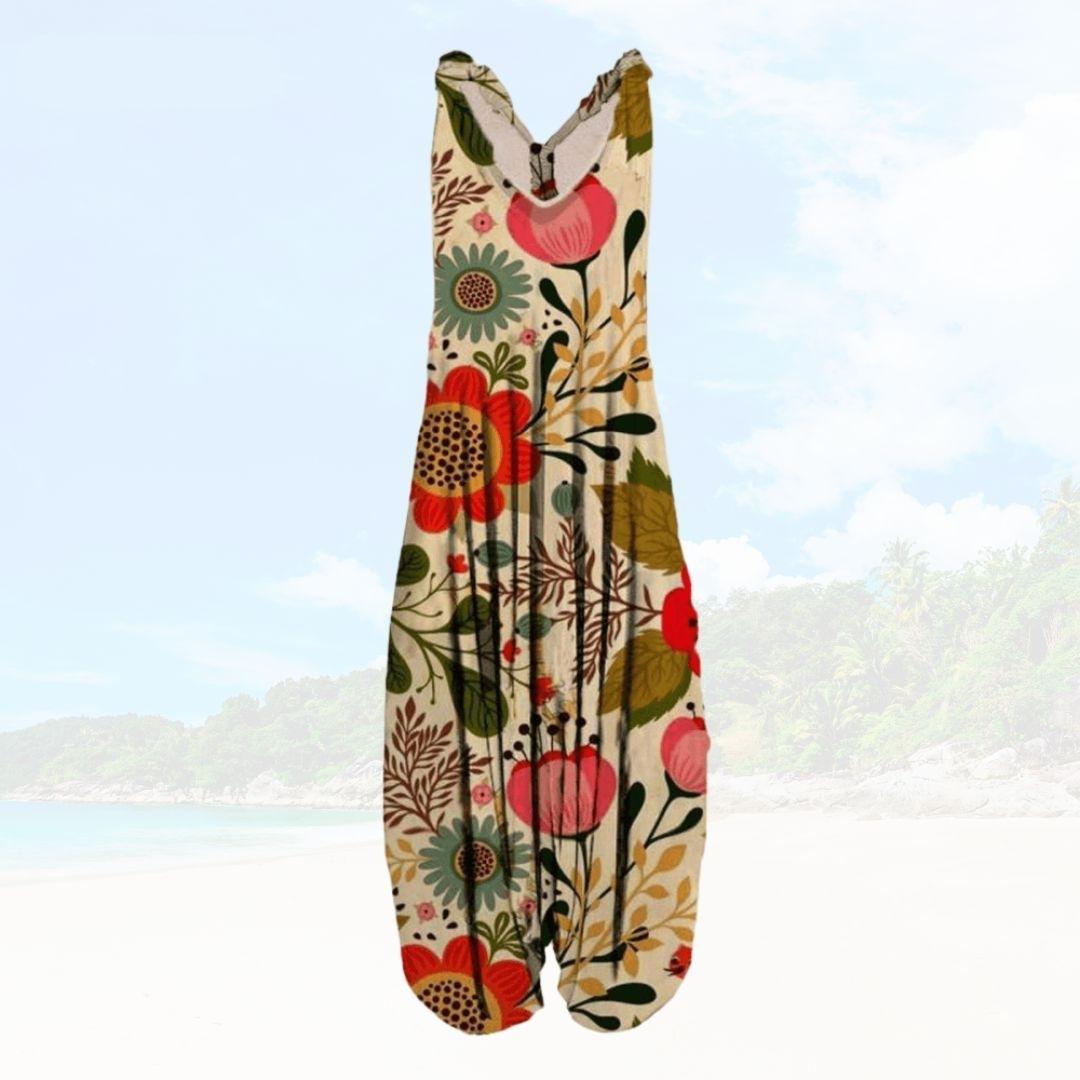 Women’s Jumpsuit – Relaxed Fit – Sleeveless V-Neck – Full Length – Printed Lightweight Fabric