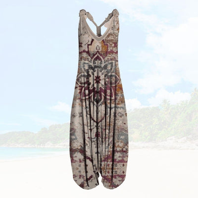 Women’s Jumpsuit – Relaxed Fit – Sleeveless V-Neck – Full Length – Printed Lightweight Fabric