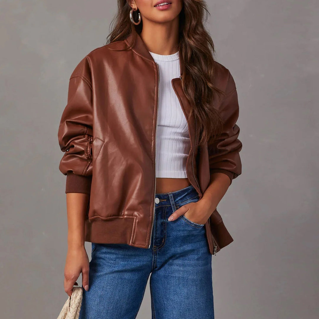 Women’s Bomber Jacket – Oversized Fit – Glossy Finish – Zip Front – Ribbed Trim
