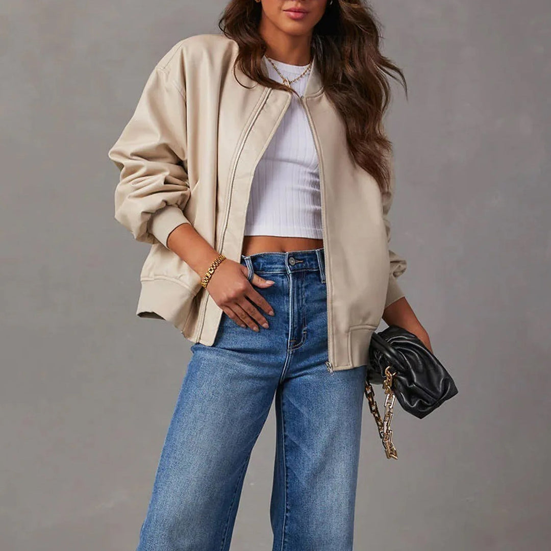 Women’s Bomber Jacket – Oversized Fit – Glossy Finish – Zip Front – Ribbed Trim