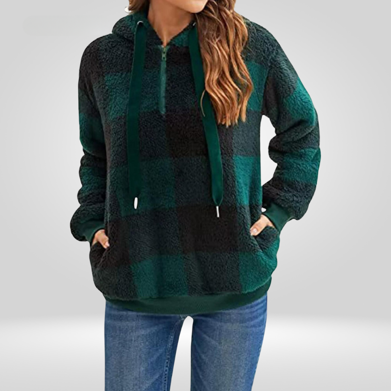 Women’s Hooded Sweater – Soft Knit – Relaxed Fit – Half Zip – Plaid – Kangaroo Pocket