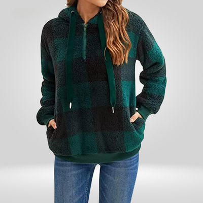 Women’s Hooded Sweater – Soft Knit – Relaxed Fit – Half Zip – Plaid – Kangaroo Pocket