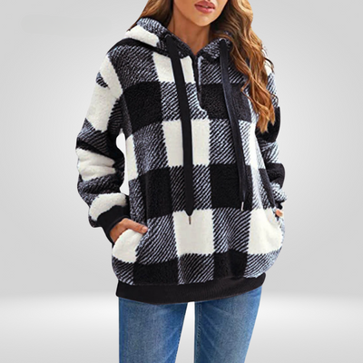 Women’s Hooded Sweater – Soft Knit – Relaxed Fit – Half Zip – Plaid – Kangaroo Pocket