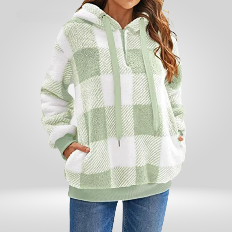 Women’s Hooded Sweater – Soft Knit – Relaxed Fit – Half Zip – Plaid – Kangaroo Pocket