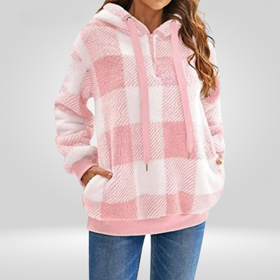 Women’s Hooded Sweater – Soft Knit – Relaxed Fit – Half Zip – Plaid – Kangaroo Pocket