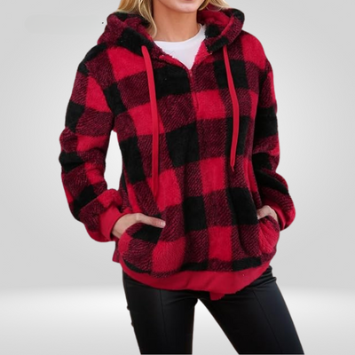 Women’s Hooded Sweater – Soft Knit – Relaxed Fit – Half Zip – Plaid – Kangaroo Pocket