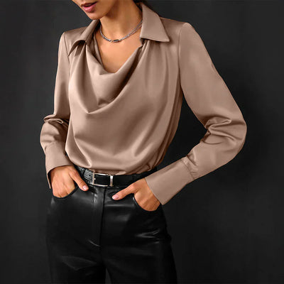 Samantha | Women’s Drape Neck Long Sleeve Satin Blouses