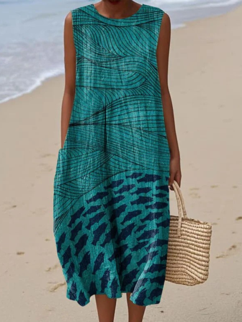 Women's Sleeveless Wrap Dress with Ocean and Fish Art Print and Pockets