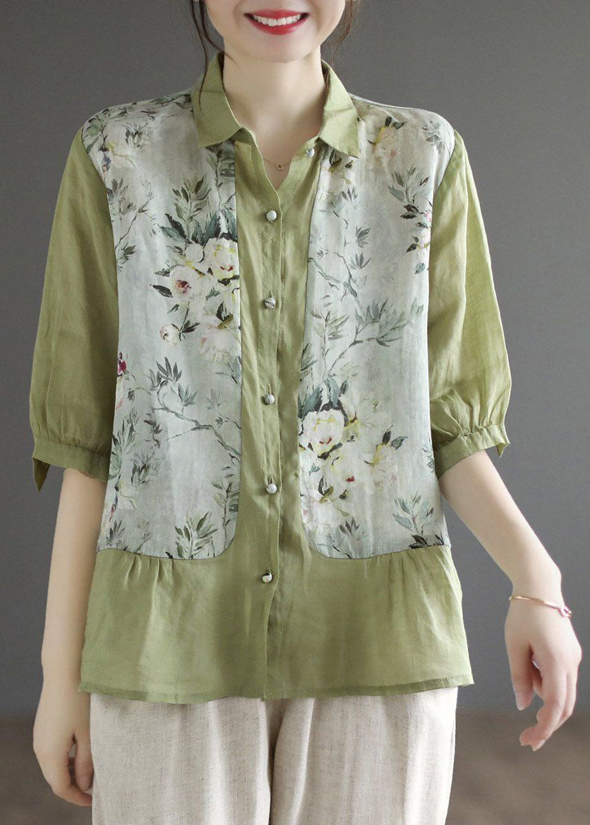 Elara – Vintage Green Print Linen Top