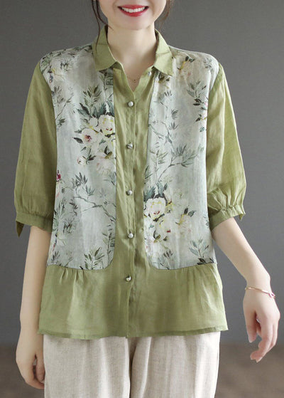 Elara – Vintage Green Print Linen Top