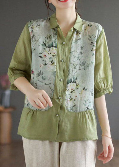 Elara – Vintage Green Print Linen Top