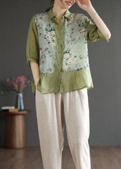 Elara – Vintage Green Print Linen Top