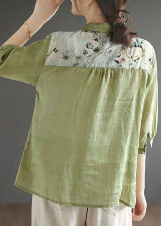 Elara – Vintage Green Print Linen Top