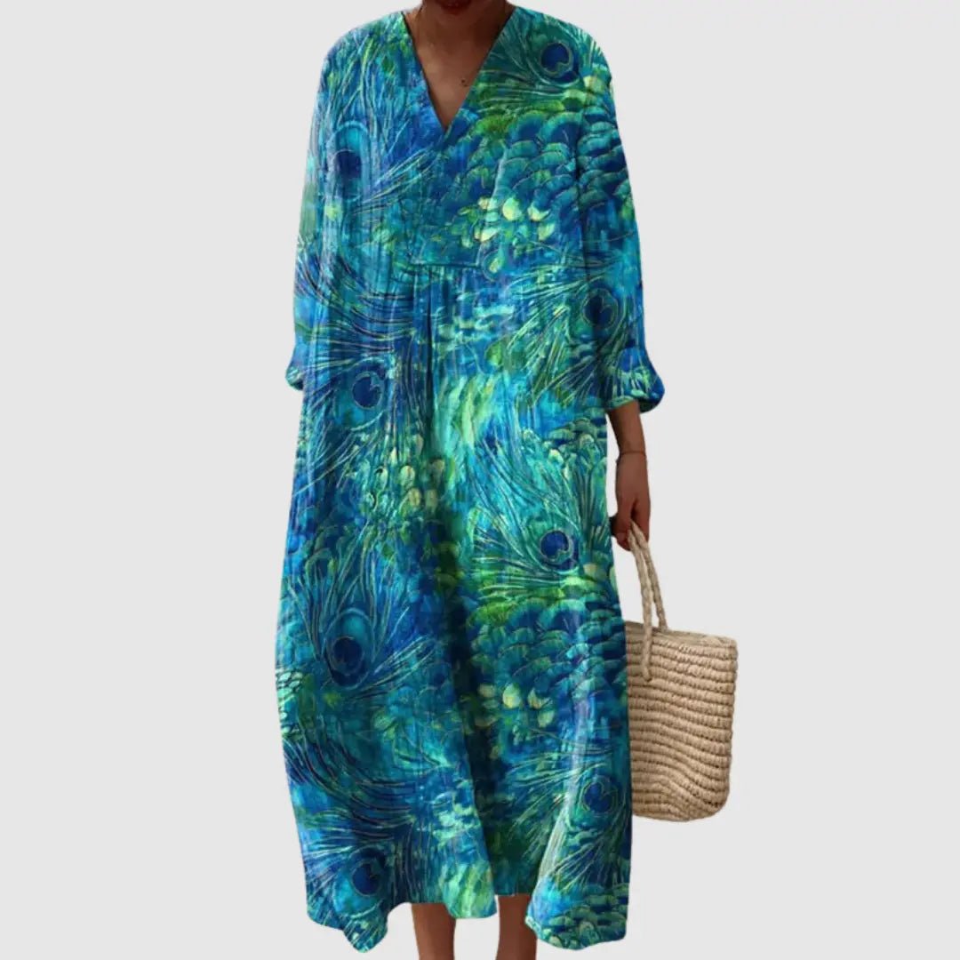 Serena | Peacock Feather Flow Maxi Dress